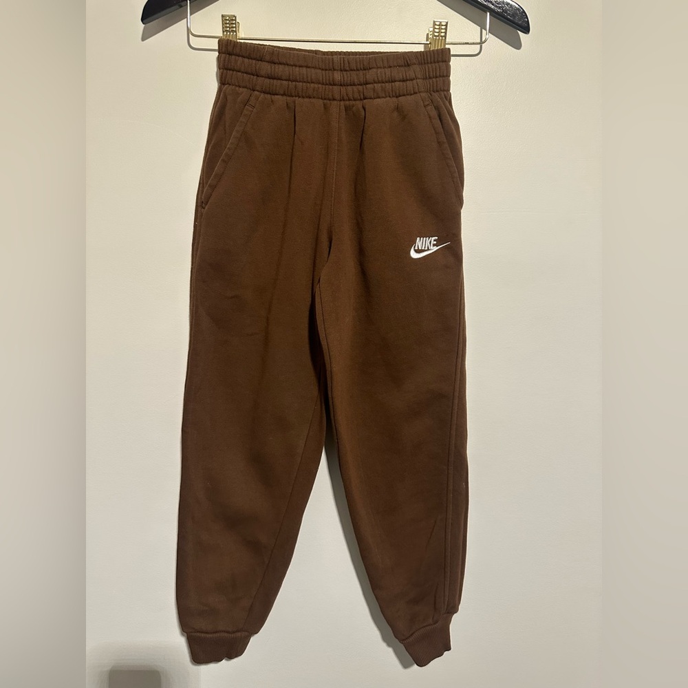 Nike Kids Brown Fleece Joggers with White Swoosh
